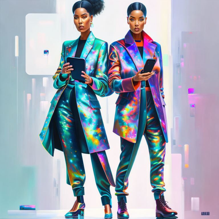 Futuristic women in holographic suits with tablet and smartphone in neon-lit urban scene