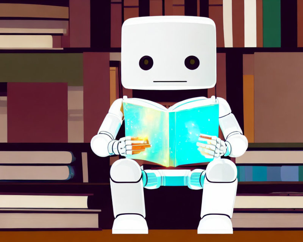 White robot reading book in front of glowing illustration and bookshelf.