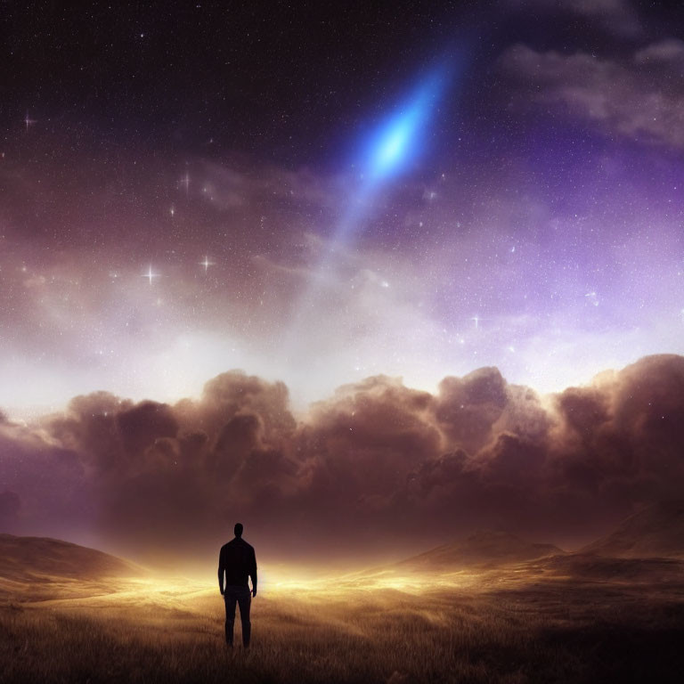 Figure in field under starry sky with comet and glowing twilight clouds