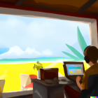 Person working on laptop with beach view and travel items in room
