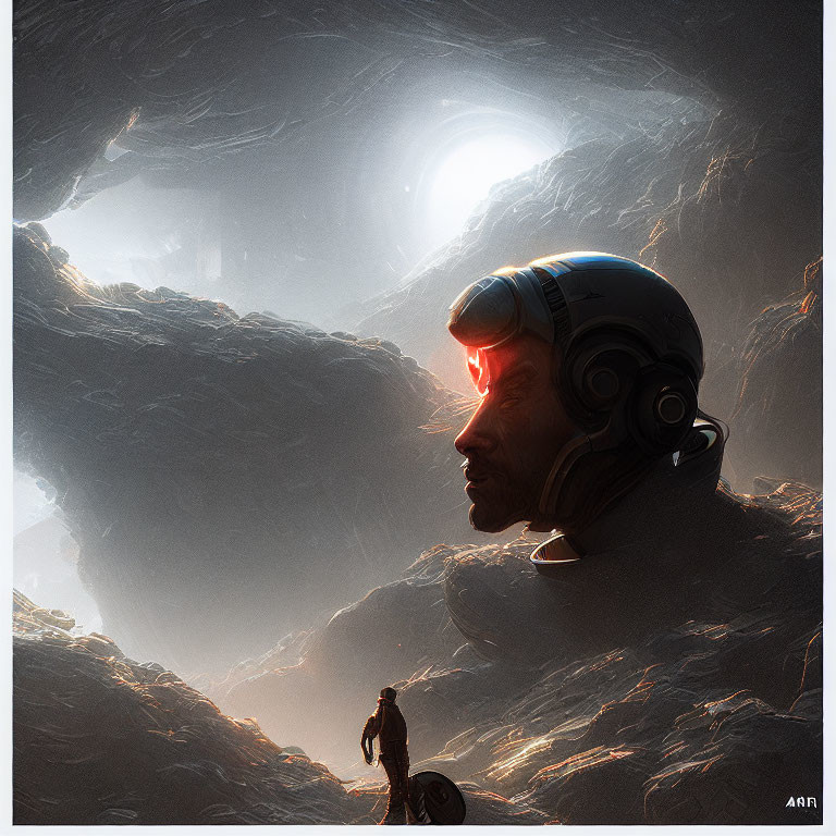 Astronaut with glowing red visor on rocky terrain gazes at celestial silhouette