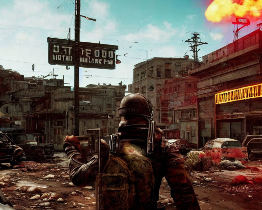 War-torn urban landscape with soldier amidst devastation and fiery sky
