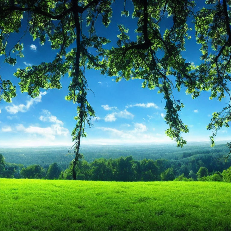 Tranquil green meadow under clear blue sky with overhanging tree branches.