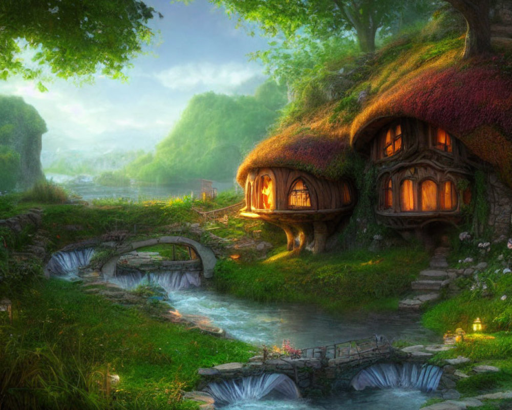 Thatched roof fairytale cottages in lush forest setting