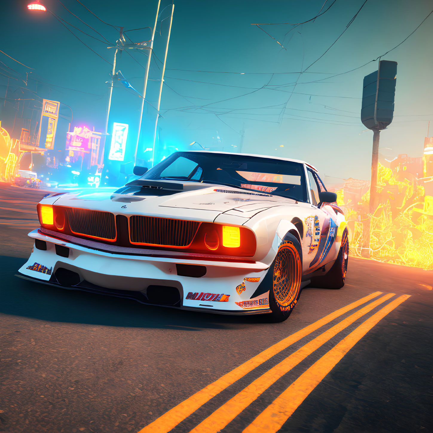 White BMW M1 Procar with race decals in neon-lit cyberpunk cityscape