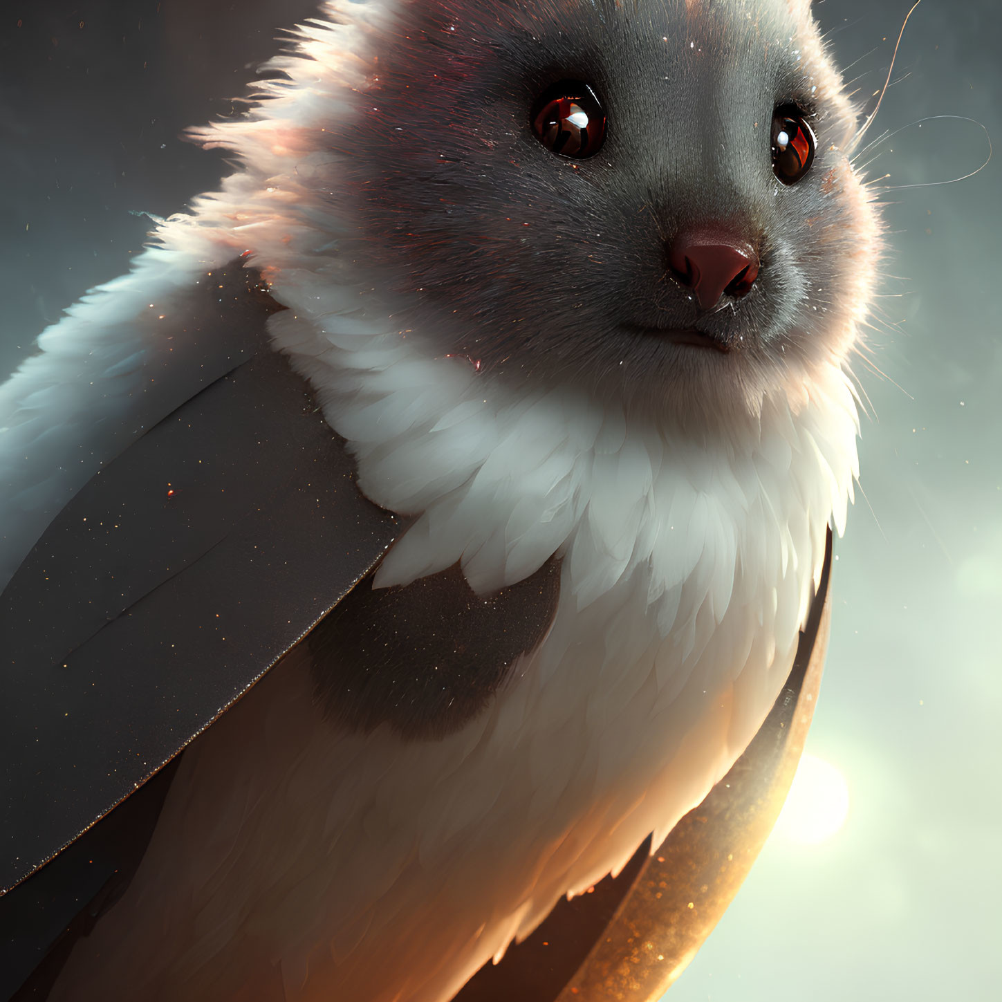 Fantasy creature: Mouse-headed bird body on soft-lit backdrop