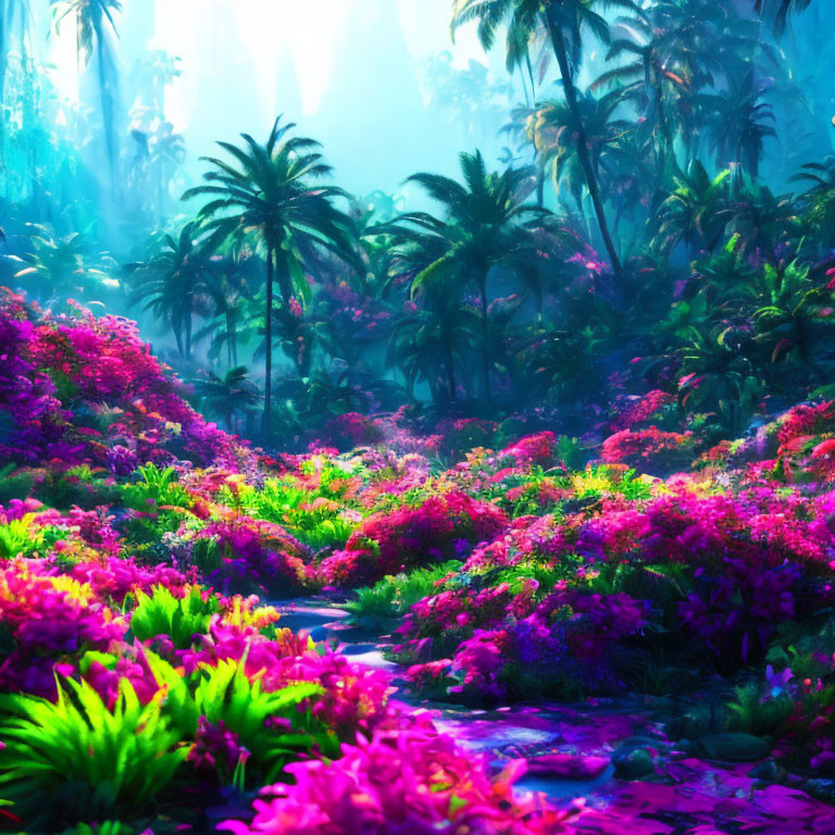 Vibrant pink and purple flora in mystical jungle scenery