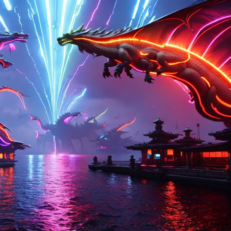Neon-lit dragons flying over Asian-style buildings by water