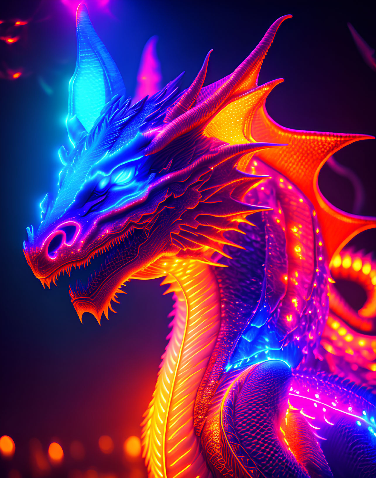 Neon-lit dragon with blue eyes and orange scales on dark background
