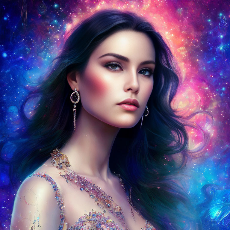 Dark-haired woman with blue eyes in ornate dress against cosmic backdrop