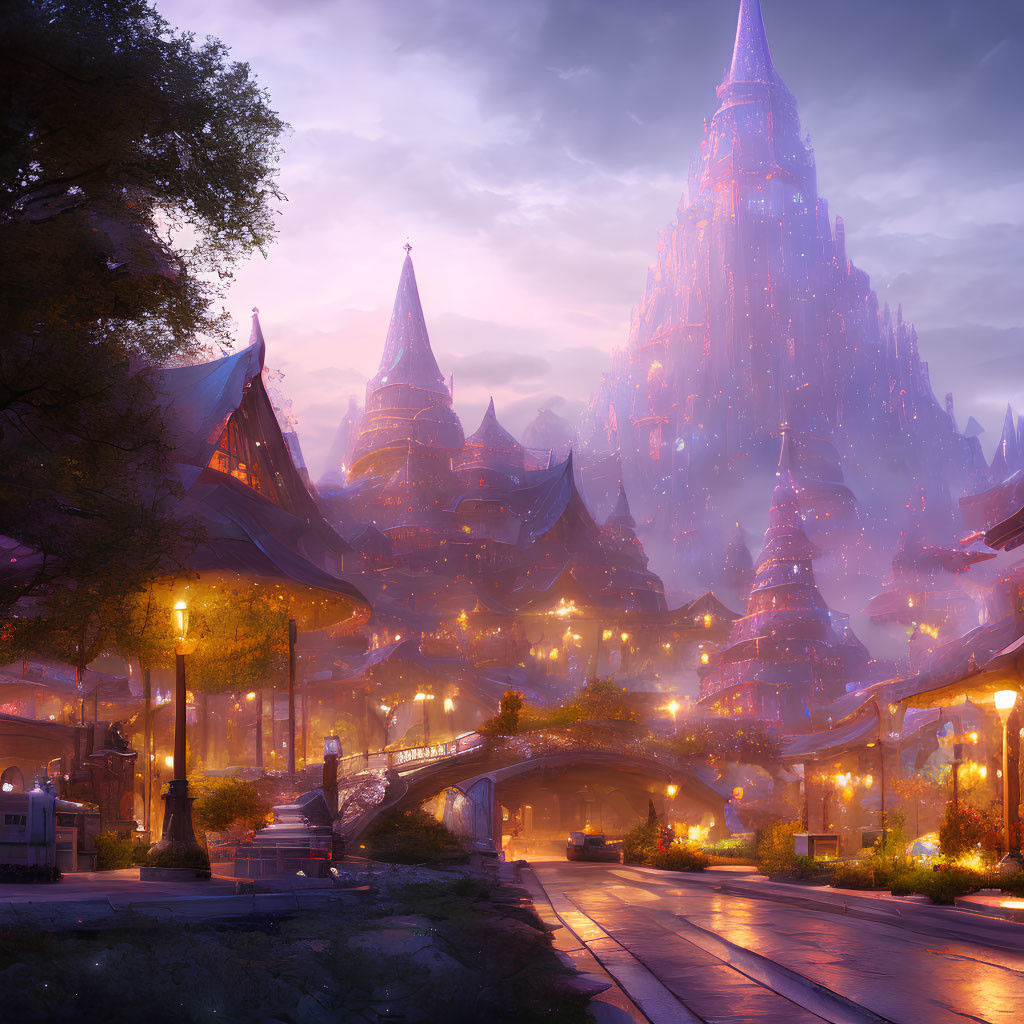 Mystical cityscape at dusk with illuminated spires and glowing castle