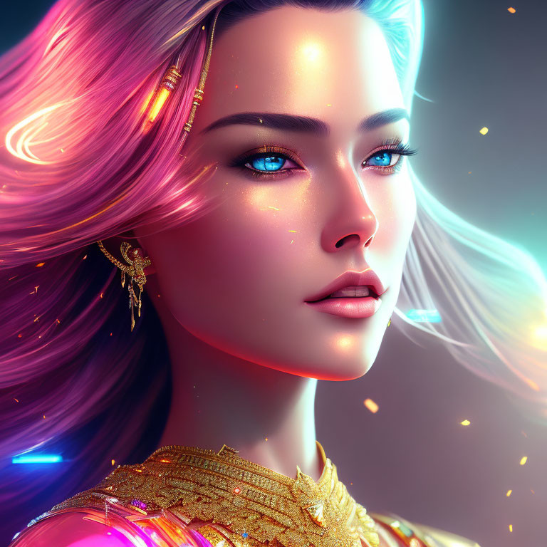 Digital artwork: Woman with radiant skin, blue eyes, pink hair, golden jewelry, colorful lights