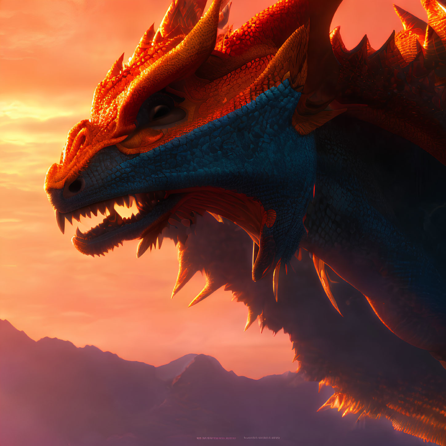 Blue dragon with orange spikes and horns against red-orange sky and mountains.