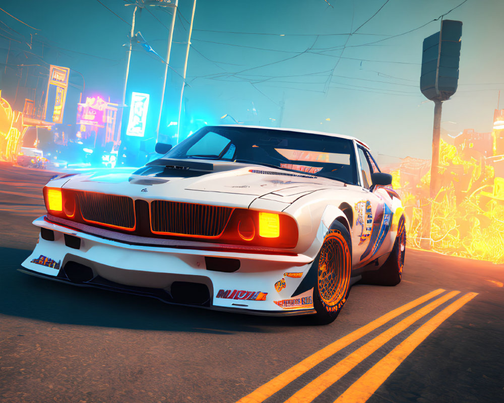 White BMW M1 Procar with race decals in neon-lit cyberpunk cityscape