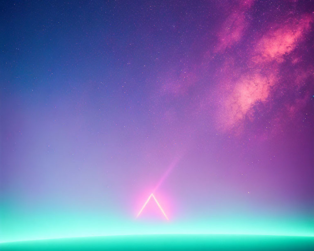 Colorful digital artwork: Neon horizon, pink and blue gradient, bright light beam, starry galaxy