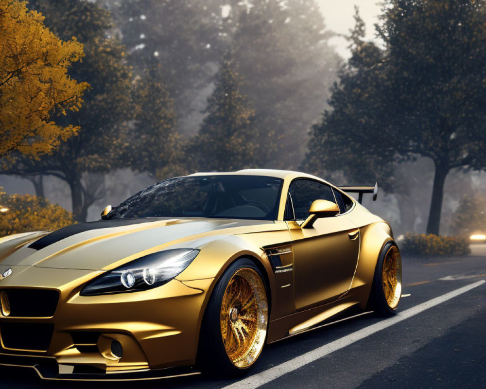 Golden sports car parked on foggy forest road with autumn trees