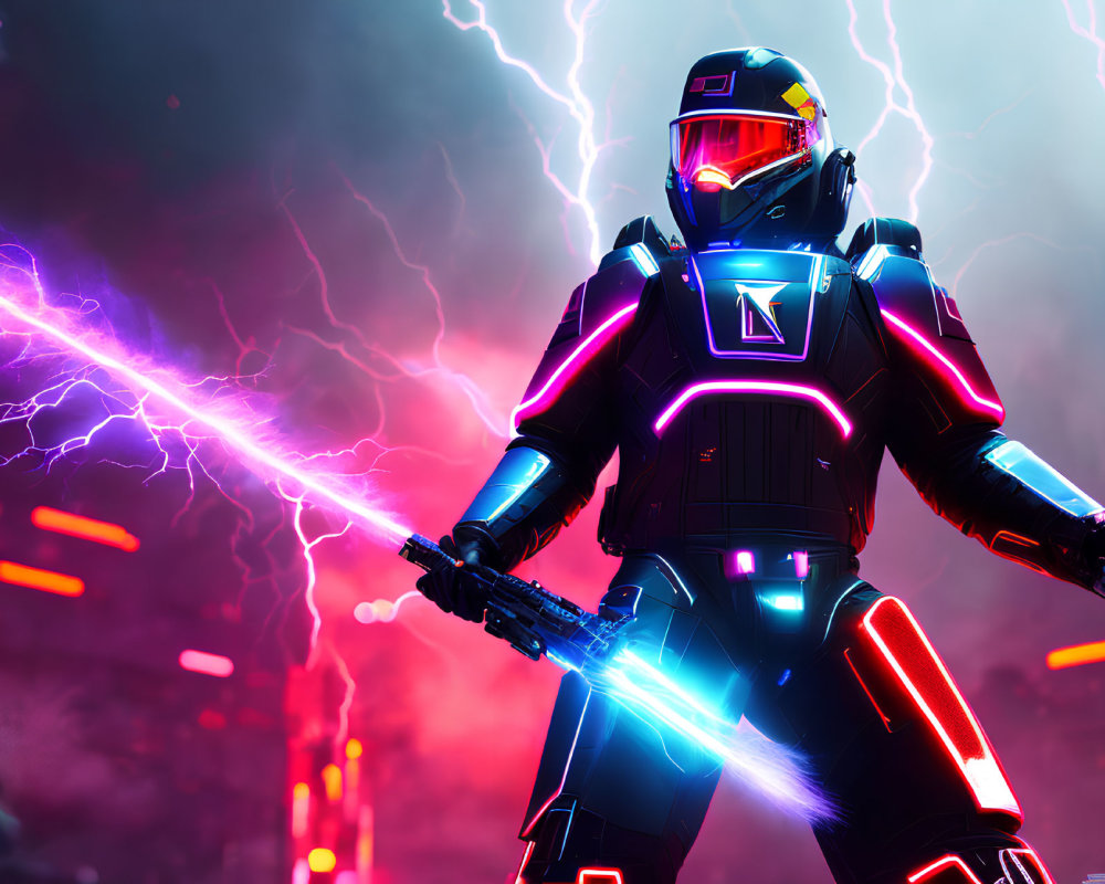 Futuristic warrior in black and neon armor wields glowing sword amid lightning and crimson backdrop