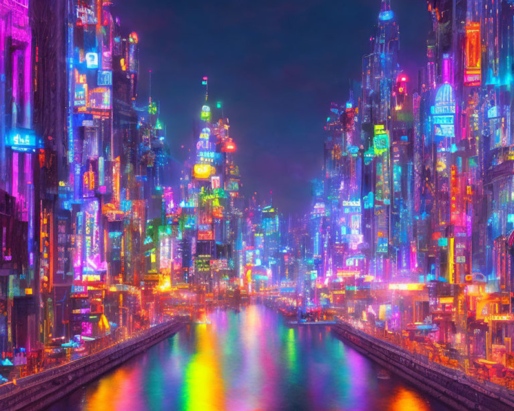 Futuristic neon-lit cityscape with vibrant colors reflecting on water canal