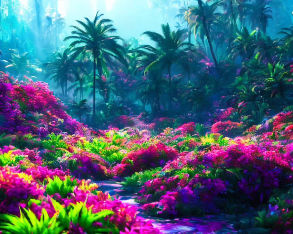 Vibrant pink and purple flora in mystical jungle scenery