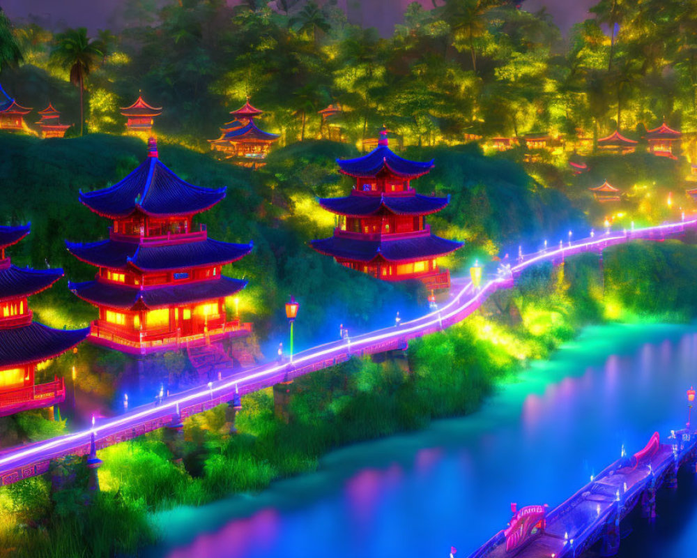 Neon-lit Asian pagodas by calm river in lush setting