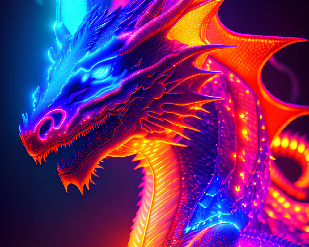 Neon-lit dragon with blue eyes and orange scales on dark background