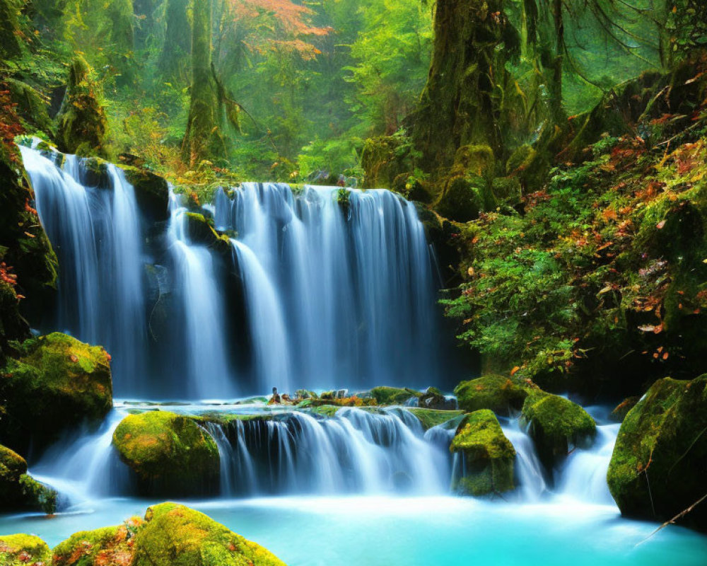 Tranquil waterfall over mossy rocks in lush autumn forest