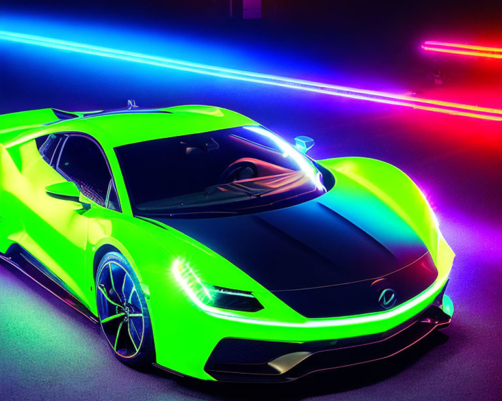 Neon Green Sports Car with Vibrant Light Trails
