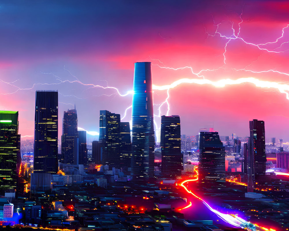 Night cityscape with vibrant skyscrapers and dramatic lightning under purple sky