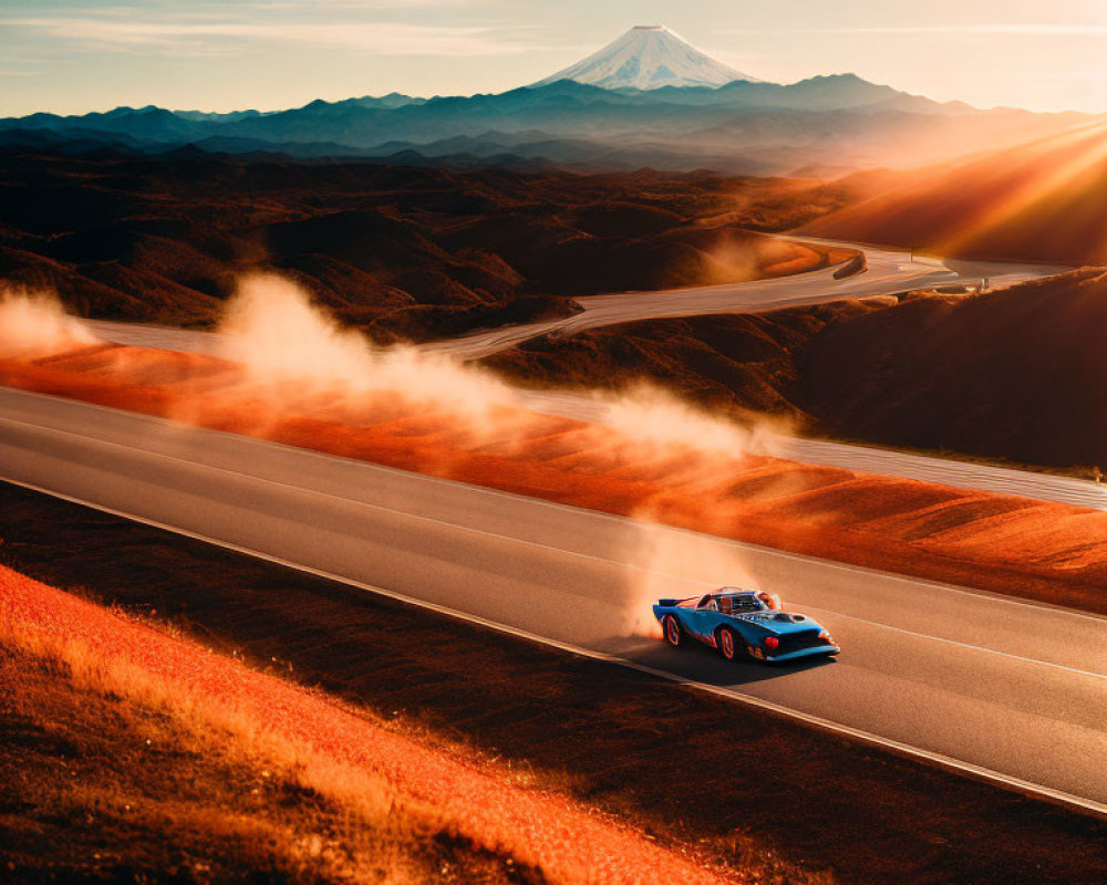 Blue Sports Car Racing on Winding Road Amidst Mountain Scenery
