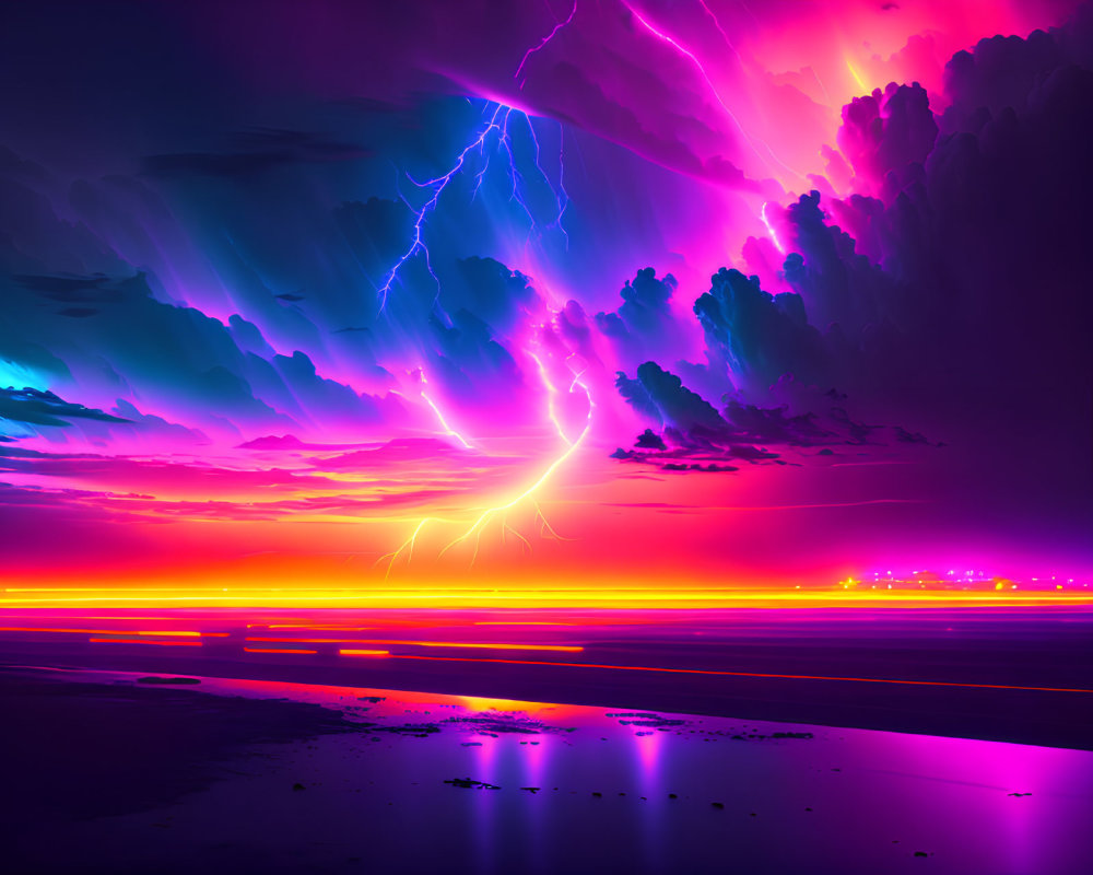 Colorful digital artwork of thunderstorm over neon-lit beachscape
