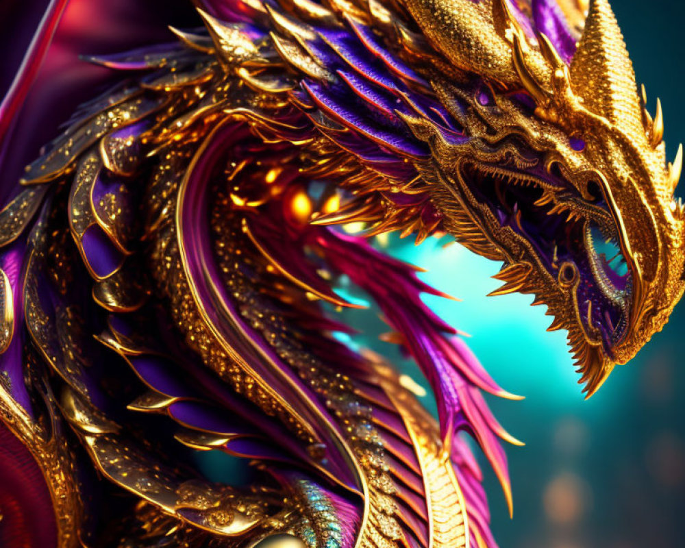Majestic golden dragon with intricate scales and violet accents on bokeh light background