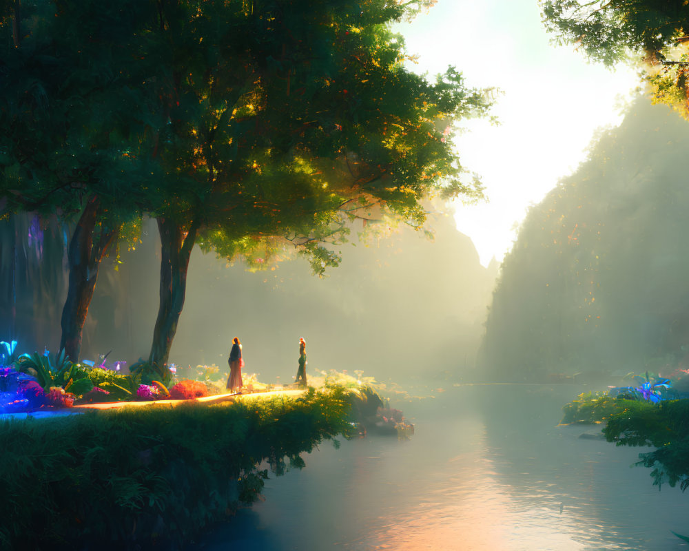 Ethereal forest scene with two individuals walking by a river