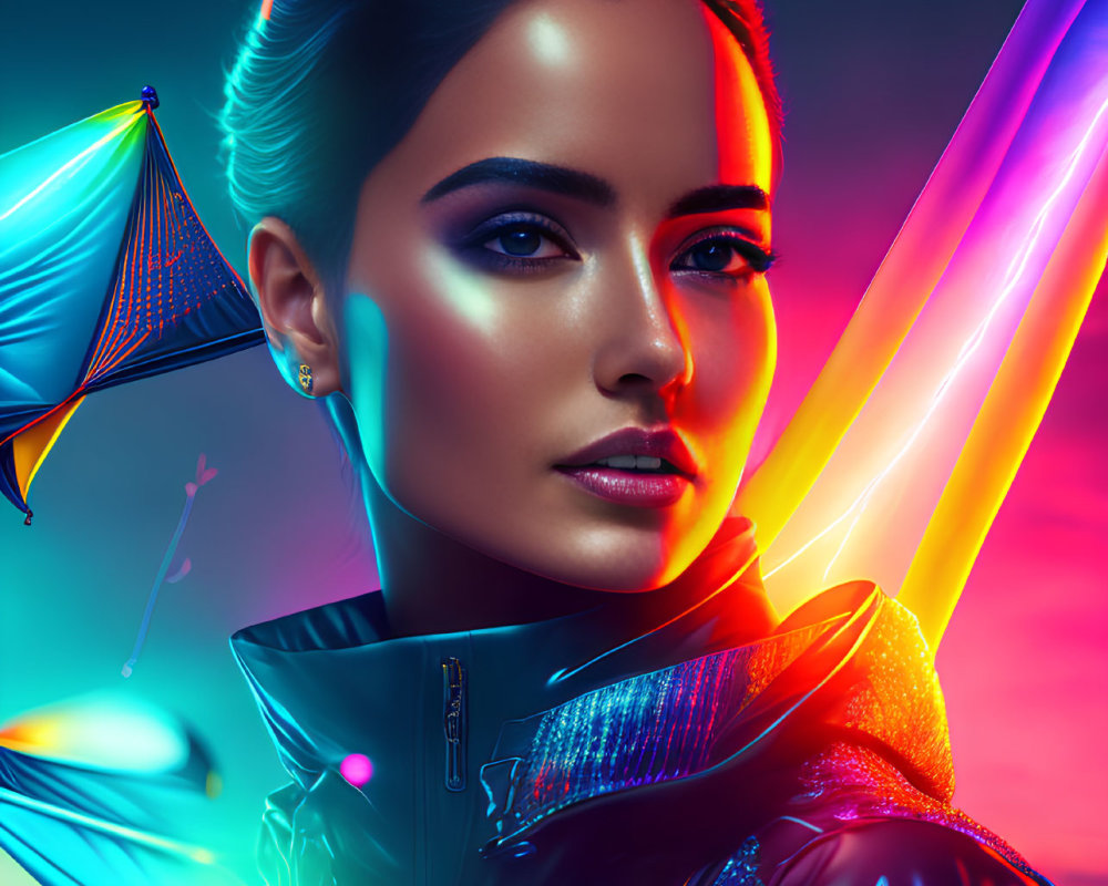 Futuristic woman in neon-lit setting with dark background and stylized kites
