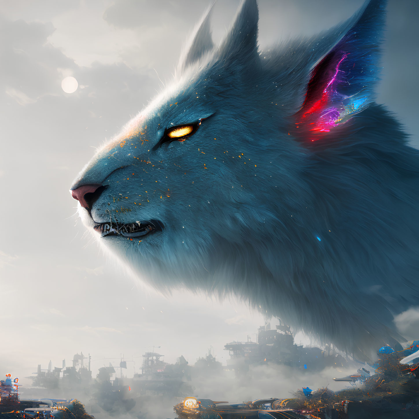Blue wolf with golden flecks and multicolored ears in misty industrial landscape
