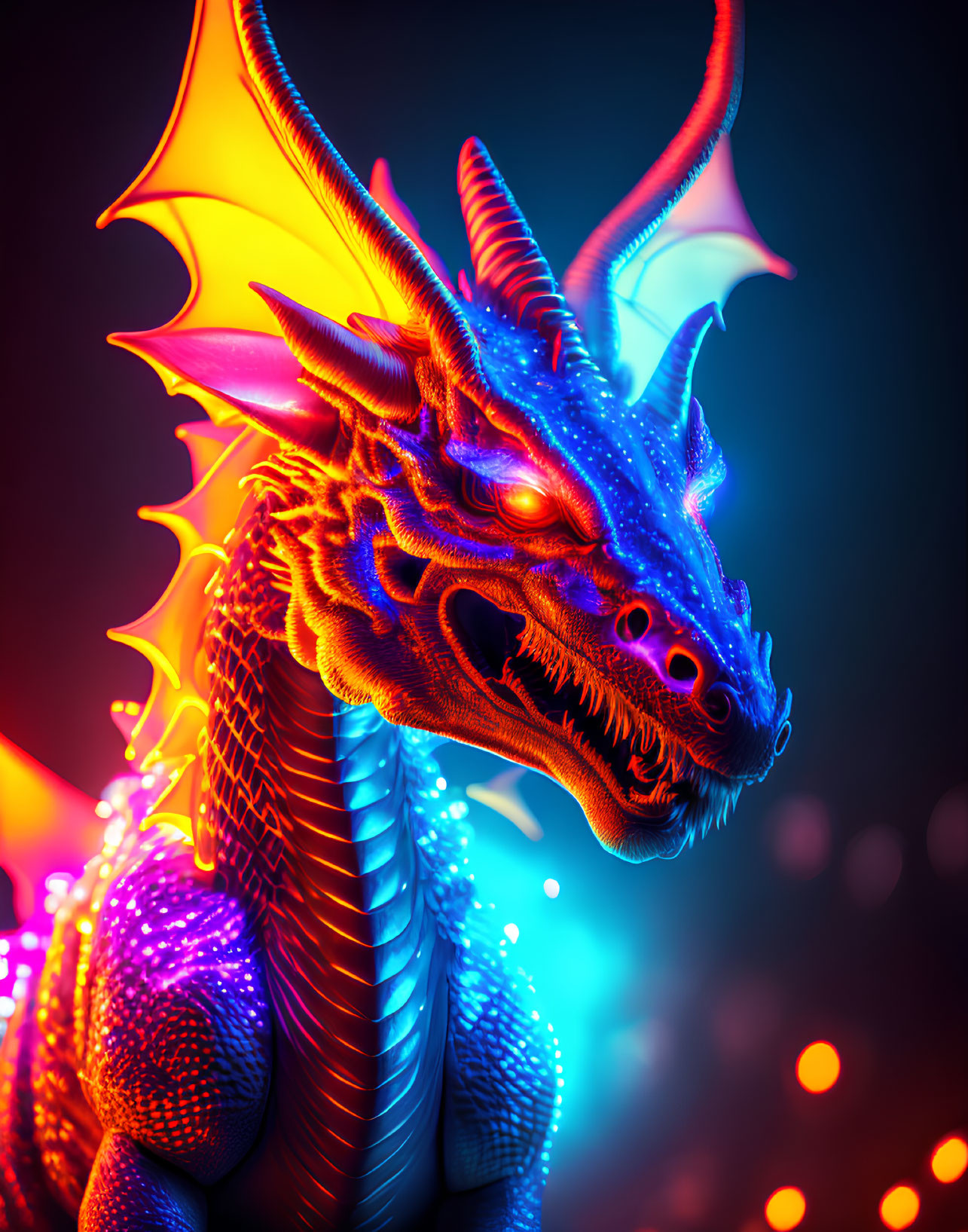 Blue dragon with orange accents, glowing eyes, intricate scales on dark bokeh-lit background