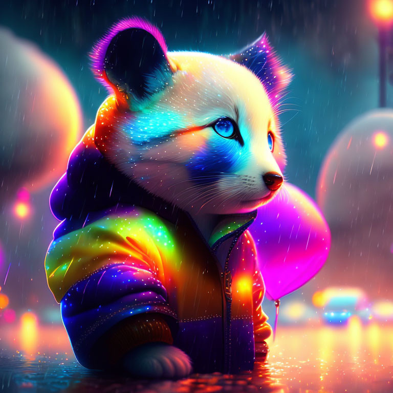 Colorful anthropomorphic panda in rainbow jacket with purple balloon in neon-lit scene