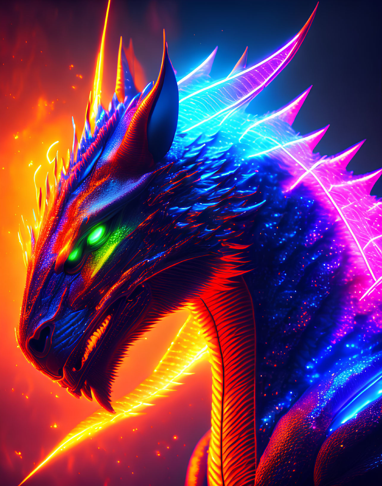 Glowing neon-colored dragon with fierce green eyes and fiery aura