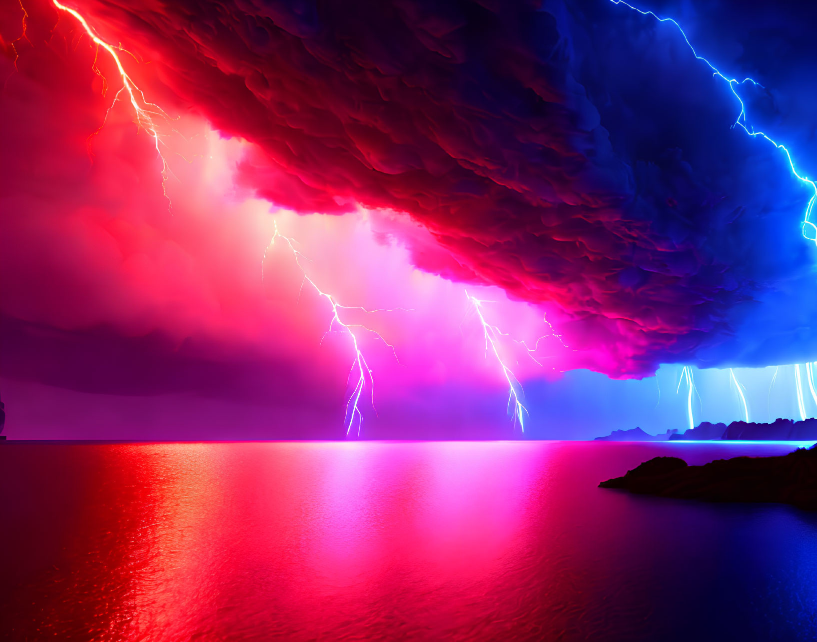 Intense lightning storm over neon red and blue sea