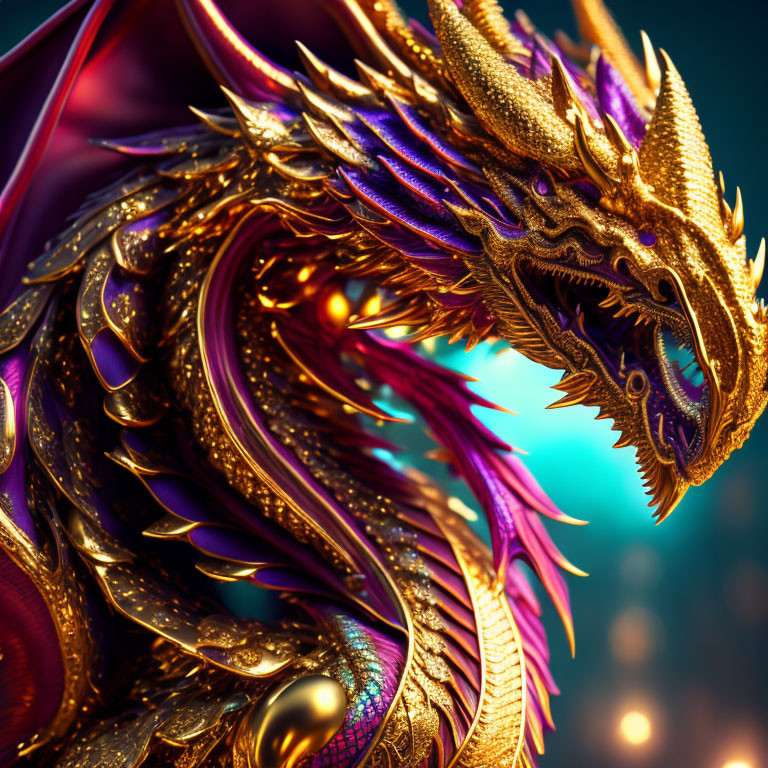 Majestic golden dragon with intricate scales and violet accents on bokeh light background