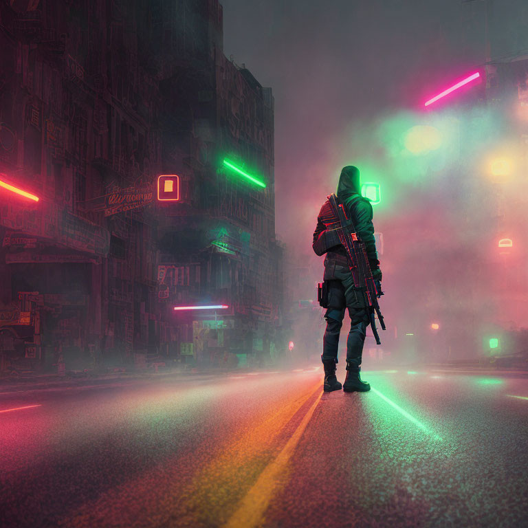 Hooded figure in neon-lit street with dystopian buildings