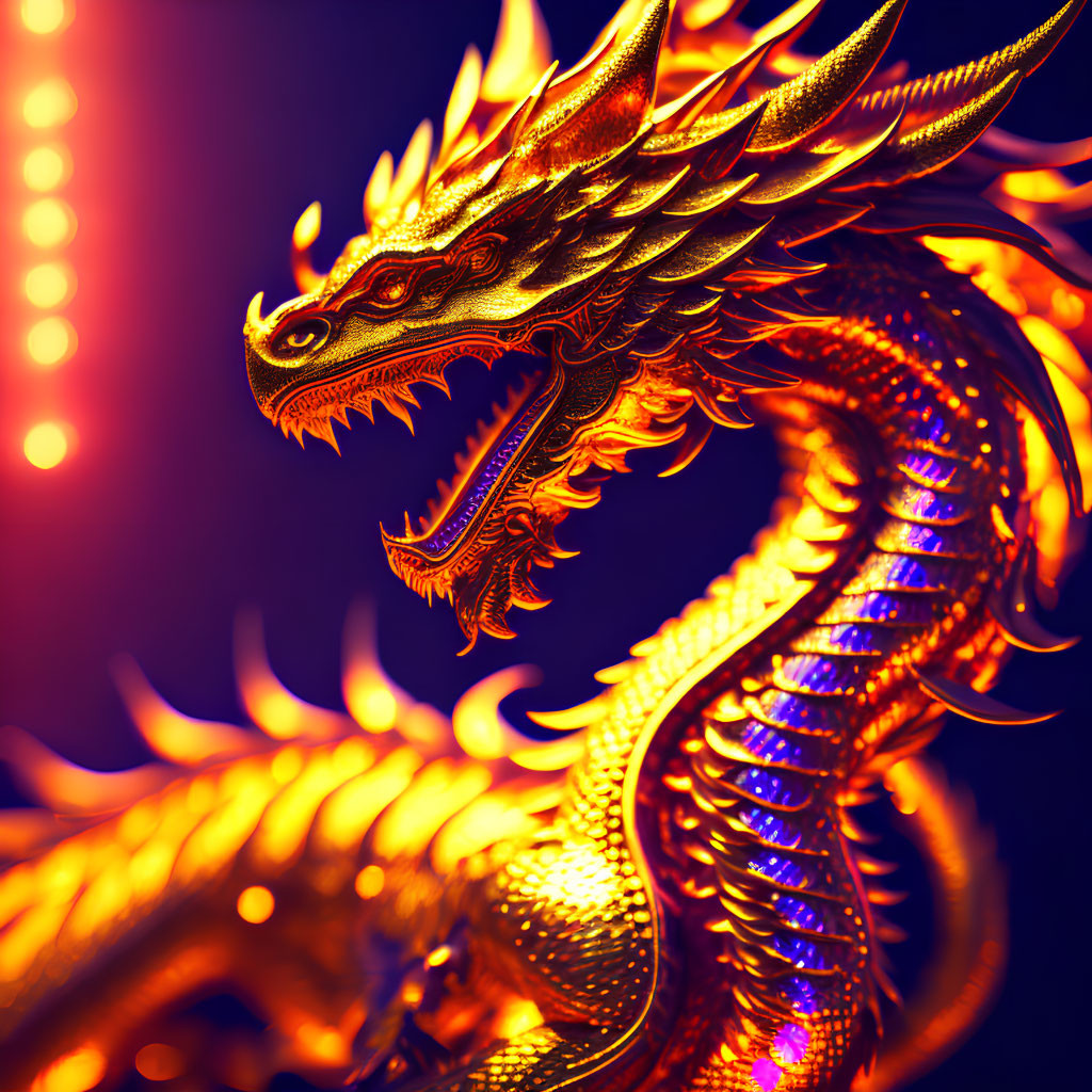 Detailed Golden Dragon Illustration with Dynamic Lighting on Dark Background