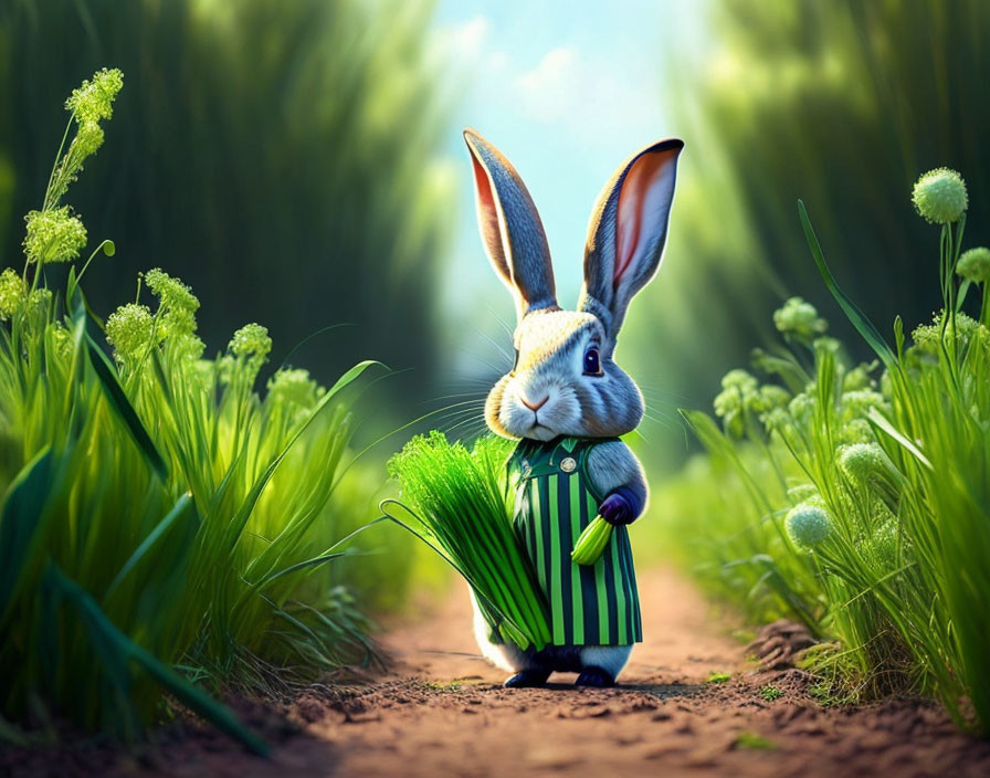 a rabbit collecting leeks from the field, in the f