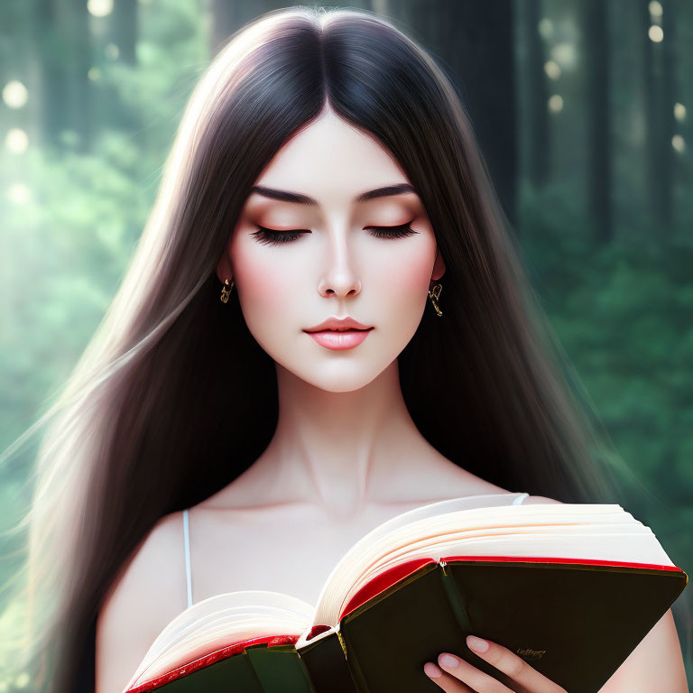 Illustrated woman with long dark hair reading book in sunlit forest