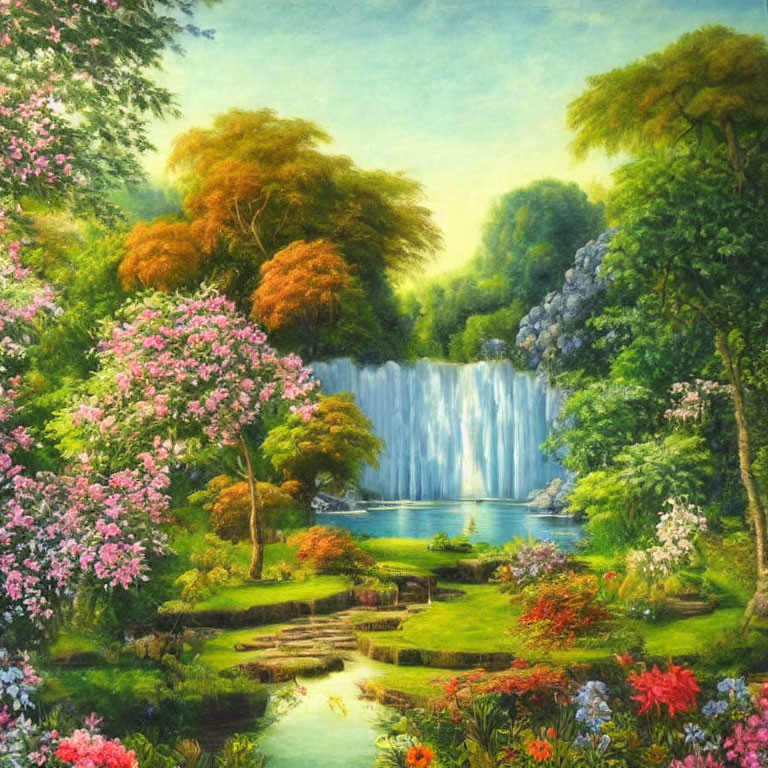 Serene waterfall painting in lush garden with colorful flowers