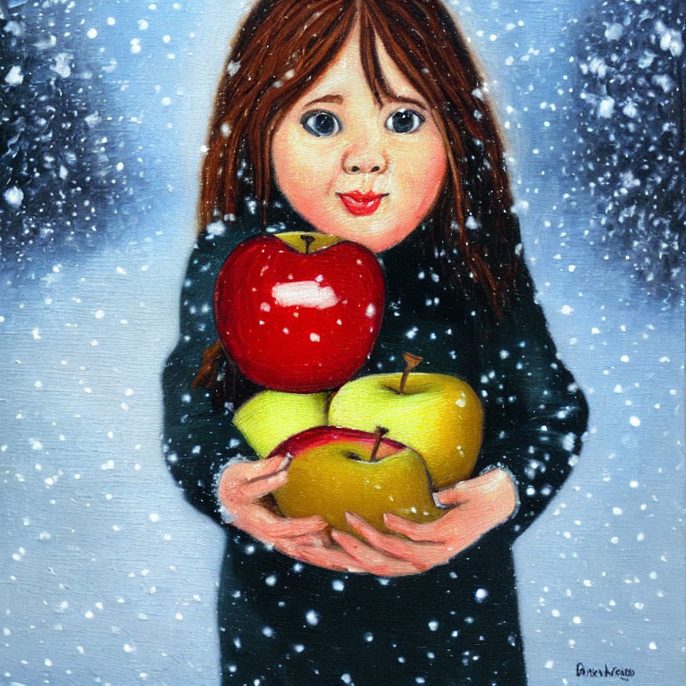 Young girl with apples in snowfall, brown hair and black coat