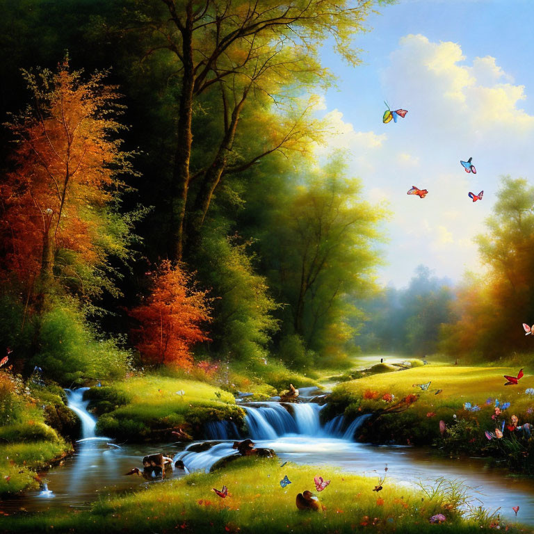 Tranquil forest landscape with stream, vibrant trees, and butterflies