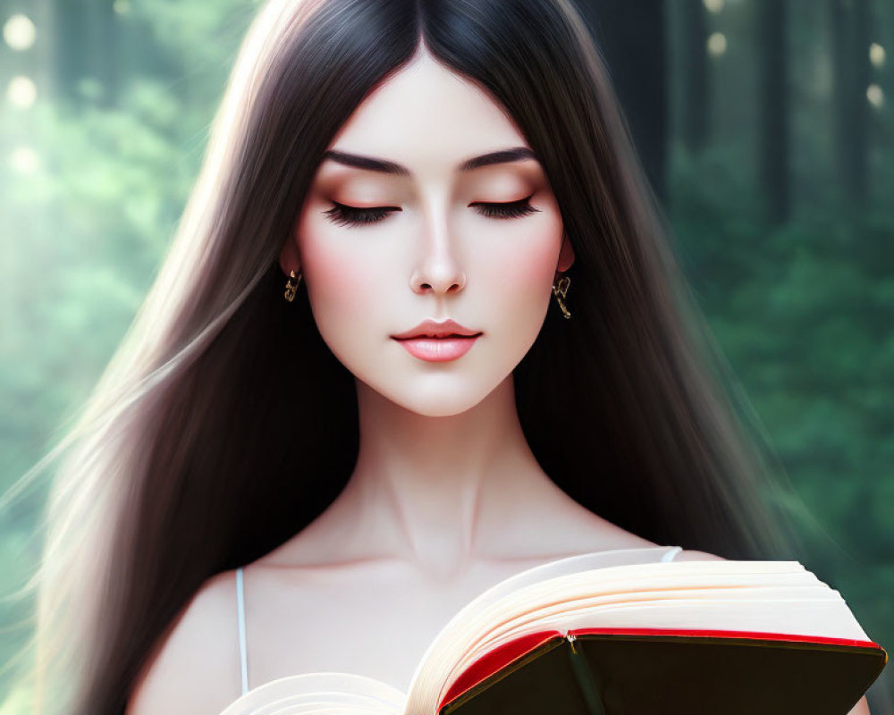 Illustrated woman with long dark hair reading book in sunlit forest