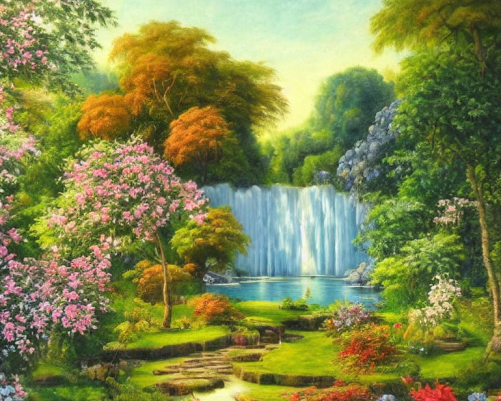 Serene waterfall painting in lush garden with colorful flowers