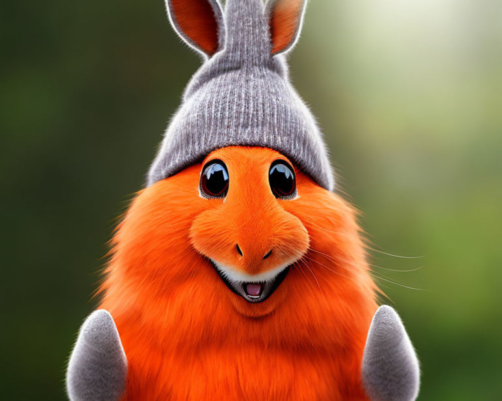 Animated orange creature with expressive eyes and rabbit ear-like hat on green background