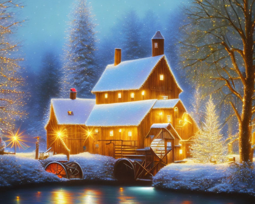 Winter scene: Cottage with glowing windows near waterwheel under starry sky